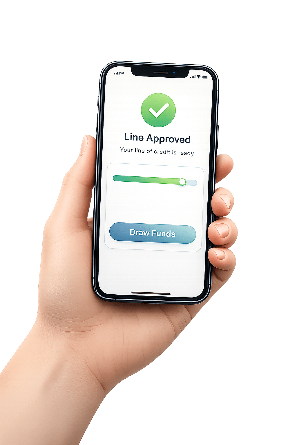 Hand holding a smartphone showing an approved home equity line of credit with an available balance bar