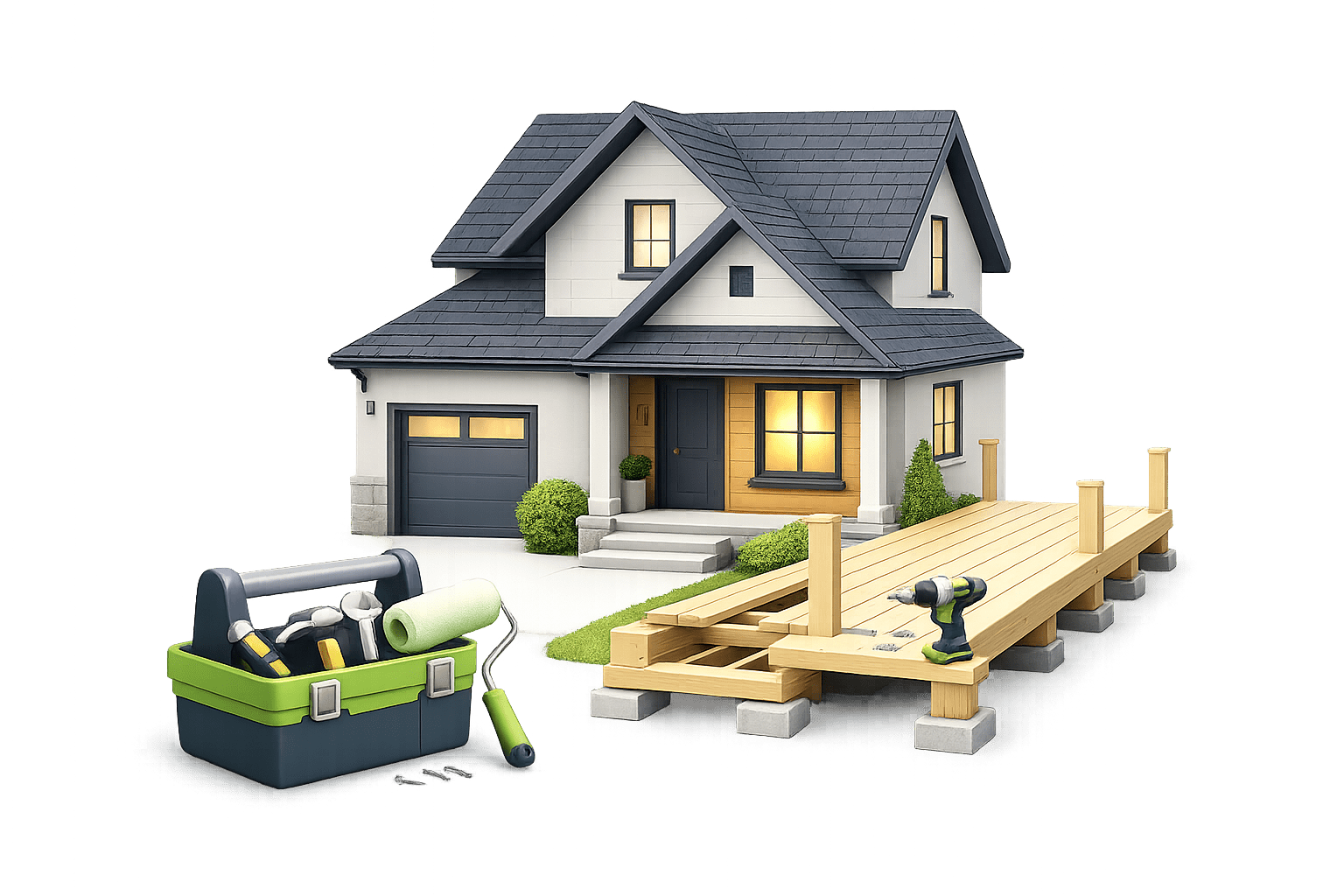 3D illustration of a house with renovation tools representing a HELOC used for ongoing projects