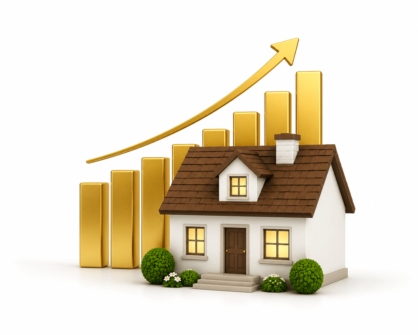 3D illustration of a house with a rising gold bar chart representing a home equity line of credit in Canada