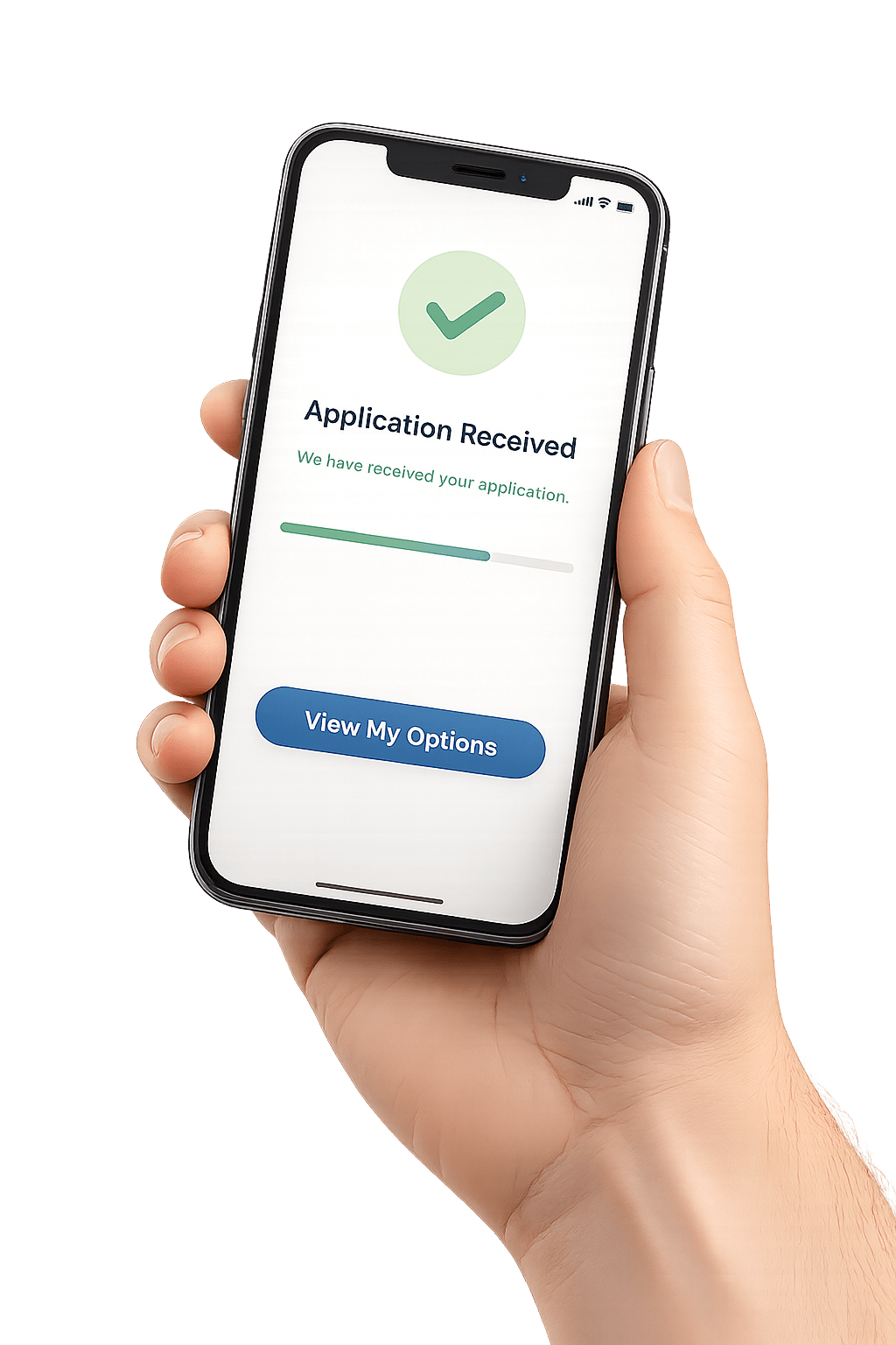 Hand holding a smartphone showing a home equity loan application received with a progress bar