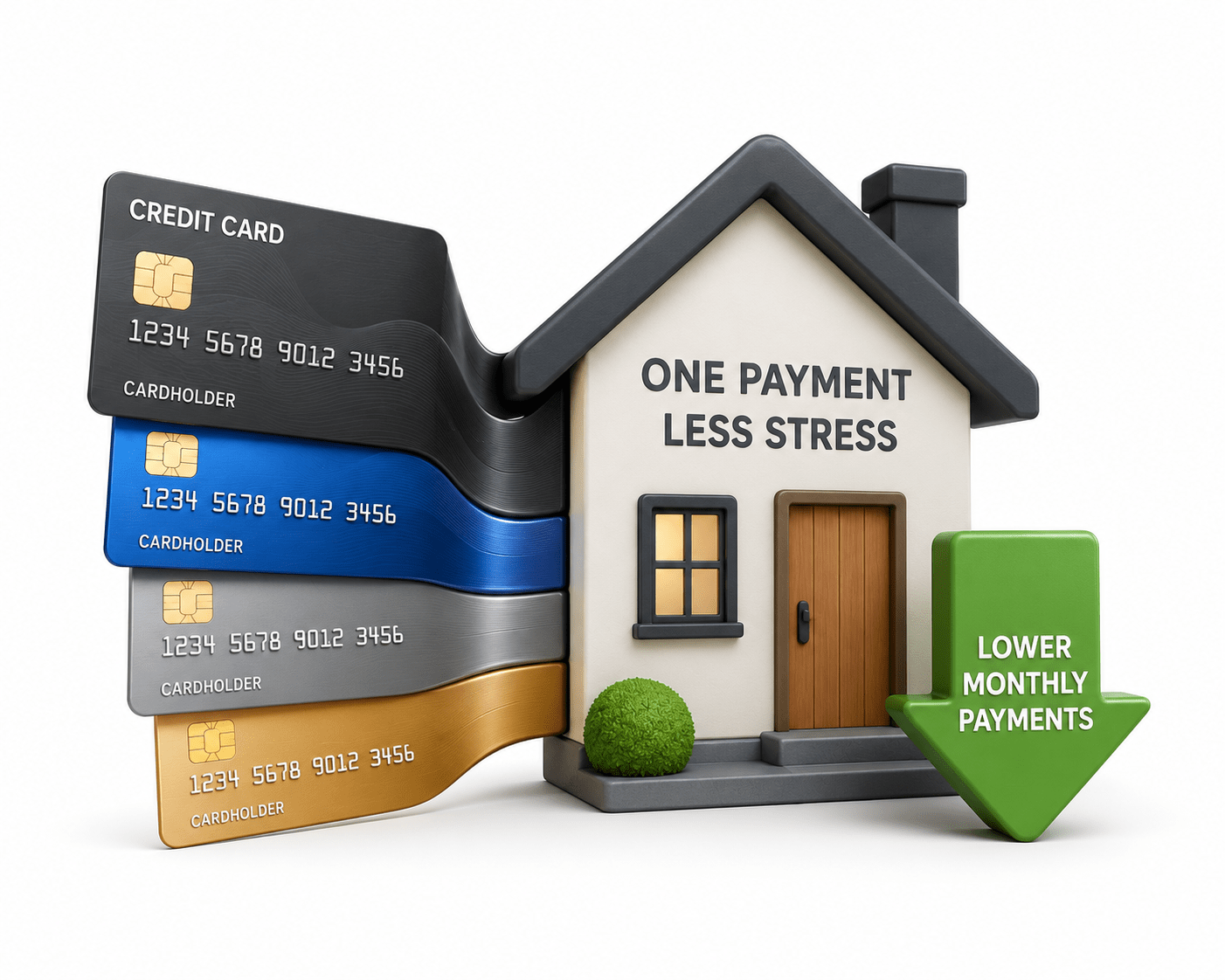 3D illustration of credit cards consolidating into a home representing debt consolidation with a home equity loan