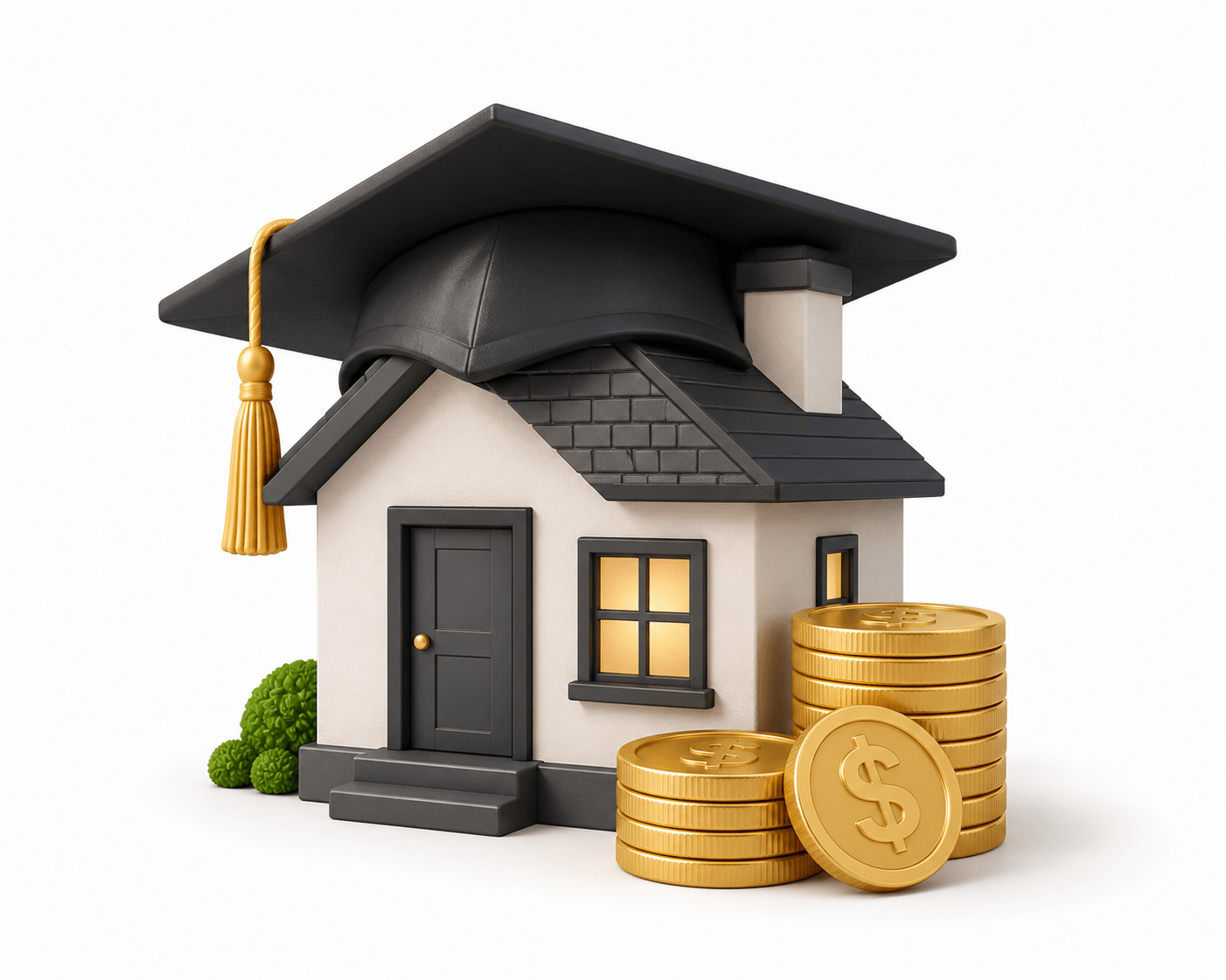 3D illustration of a house with a graduation cap representing a home equity loan used for education costs