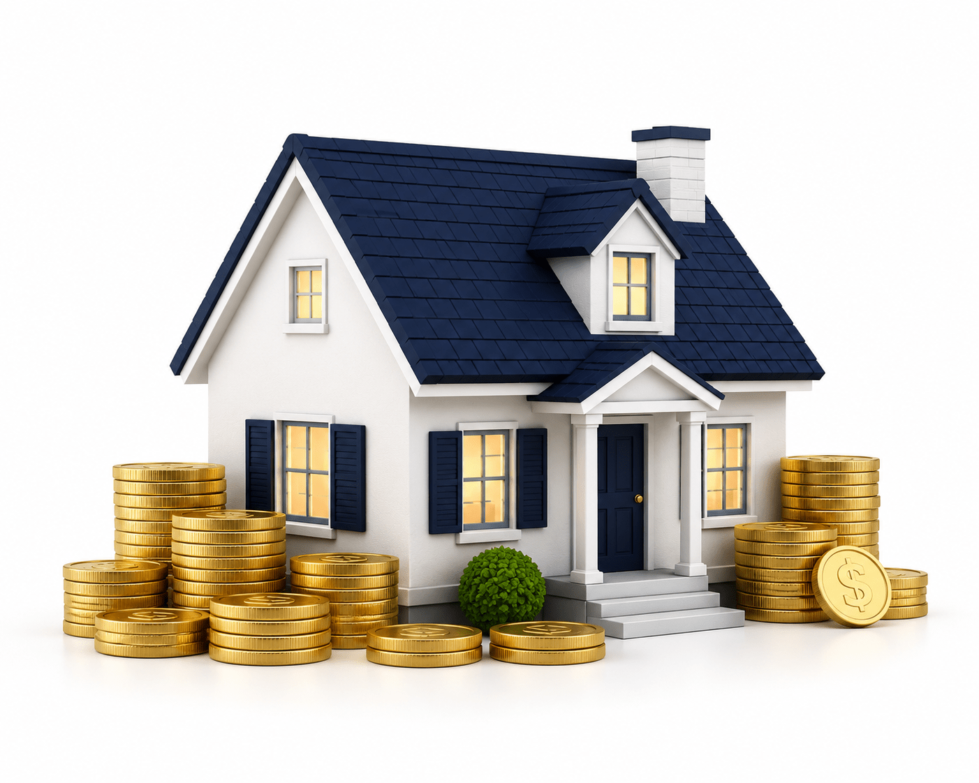 3D illustration of a house surrounded by stacks of gold coins representing a home equity loan in Ontario