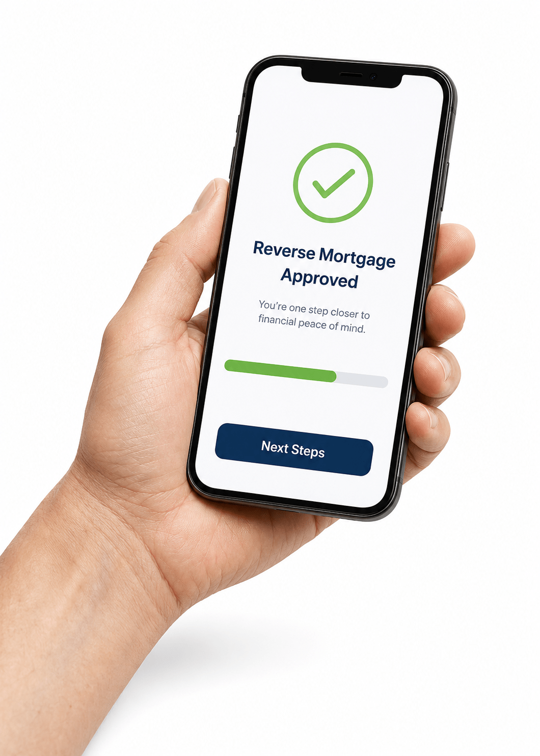 Hand holding a smartphone showing a reverse mortgage approved with a progress bar