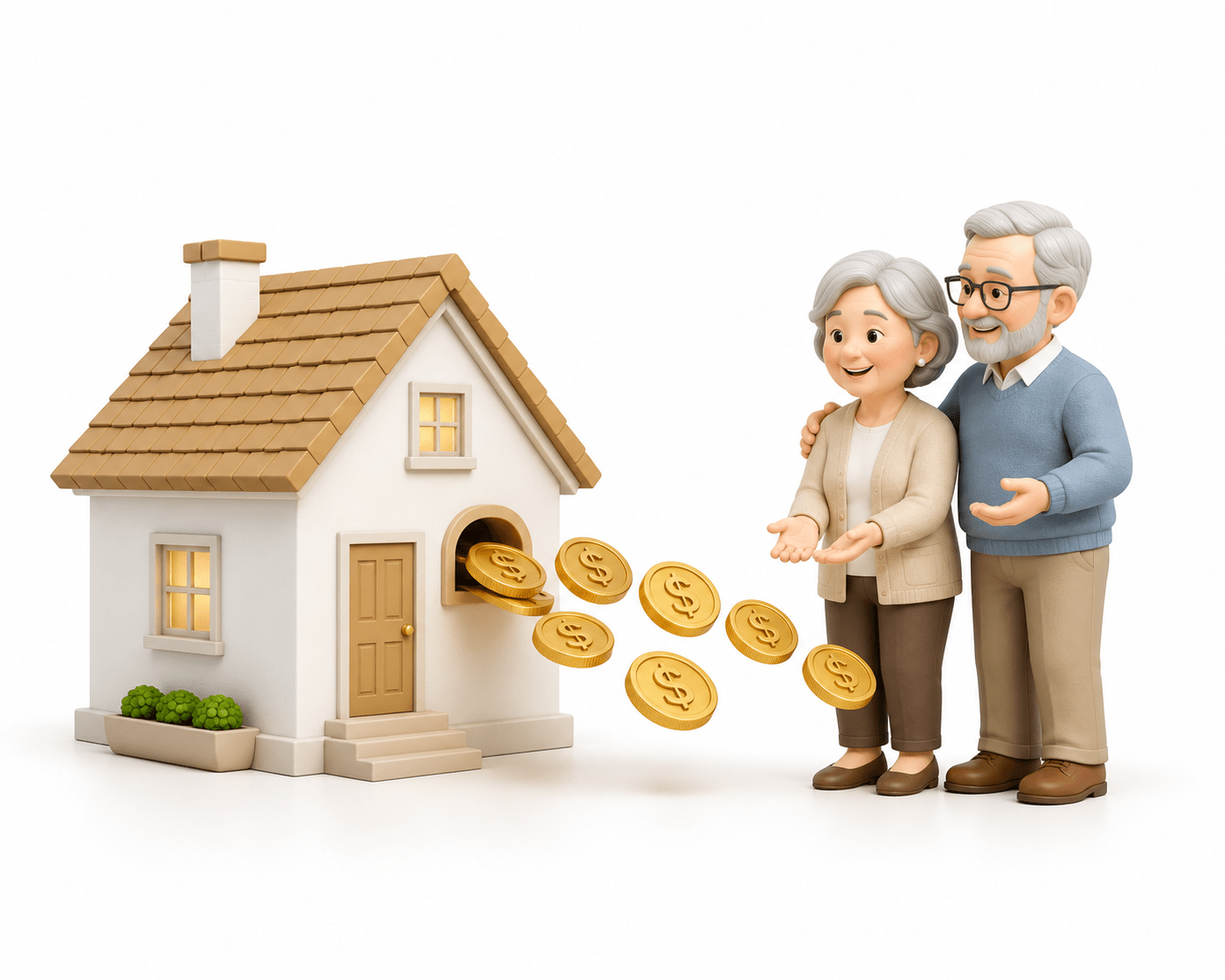 3D illustration of a house with gold coins flowing out representing a reverse mortgage for senior homeowners in Canada