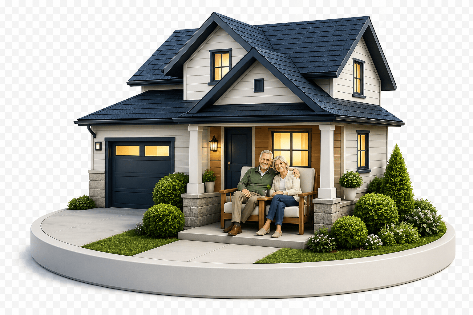 3D illustration of a mature couple relaxing on the porch of the home they keep with a reverse mortgage