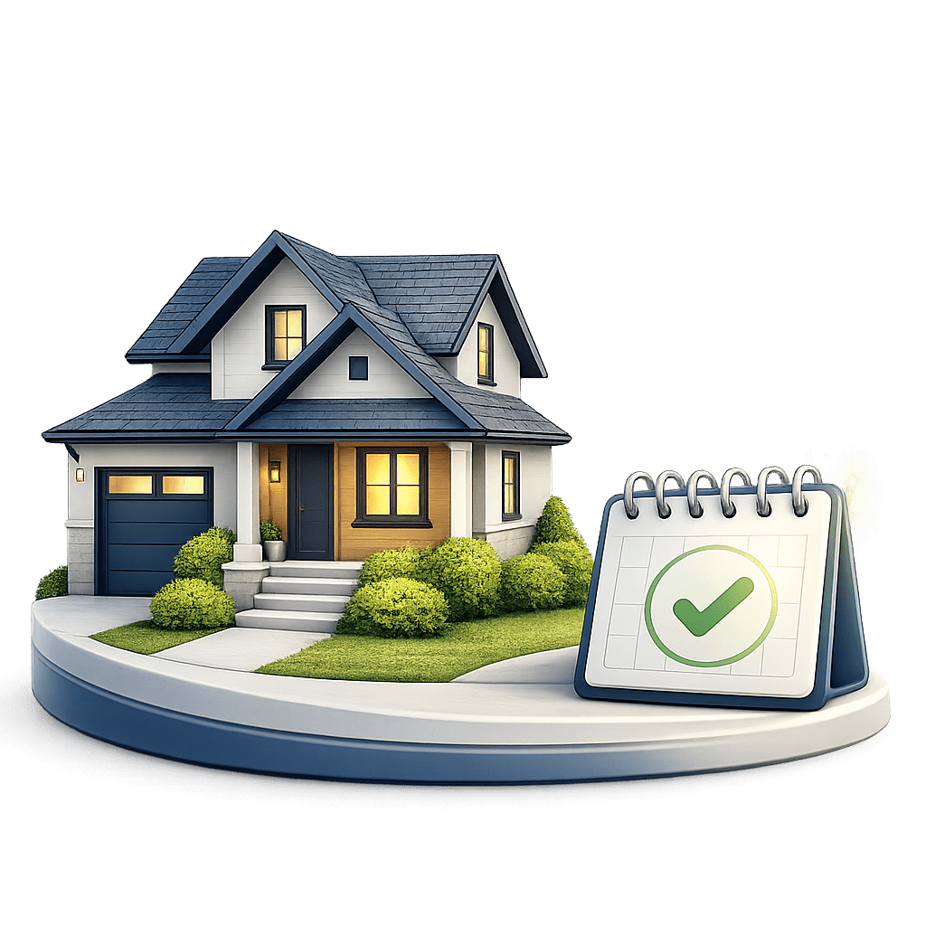 3D illustration of a house with a calendar checkmark representing no required monthly payments