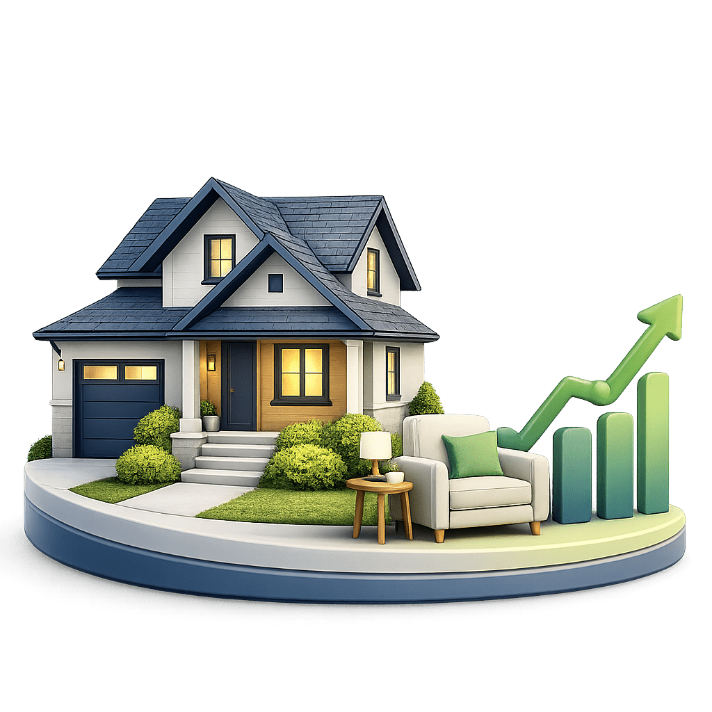 3D illustration of a house with a comfortable armchair representing reverse mortgage retirement income