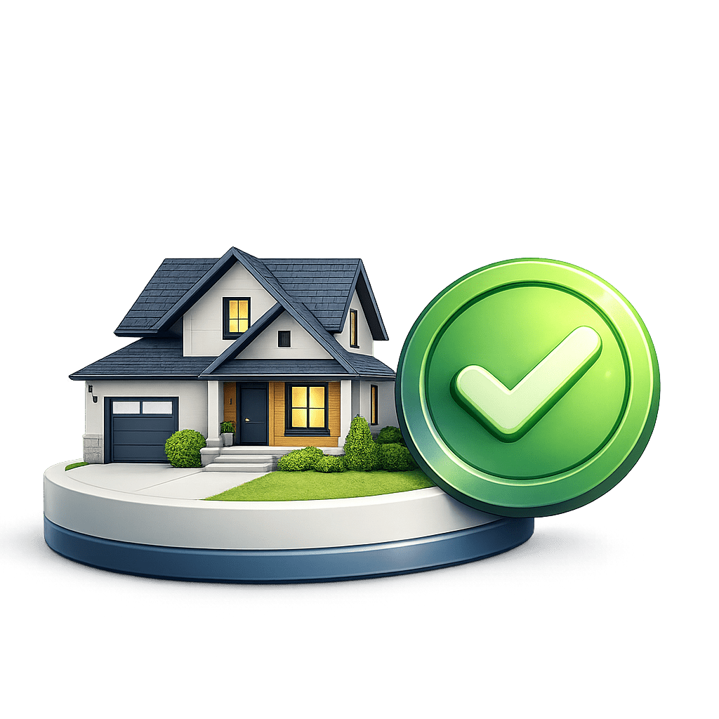 3D illustration of a house with a green checkmark representing a second mortgage approved on equity