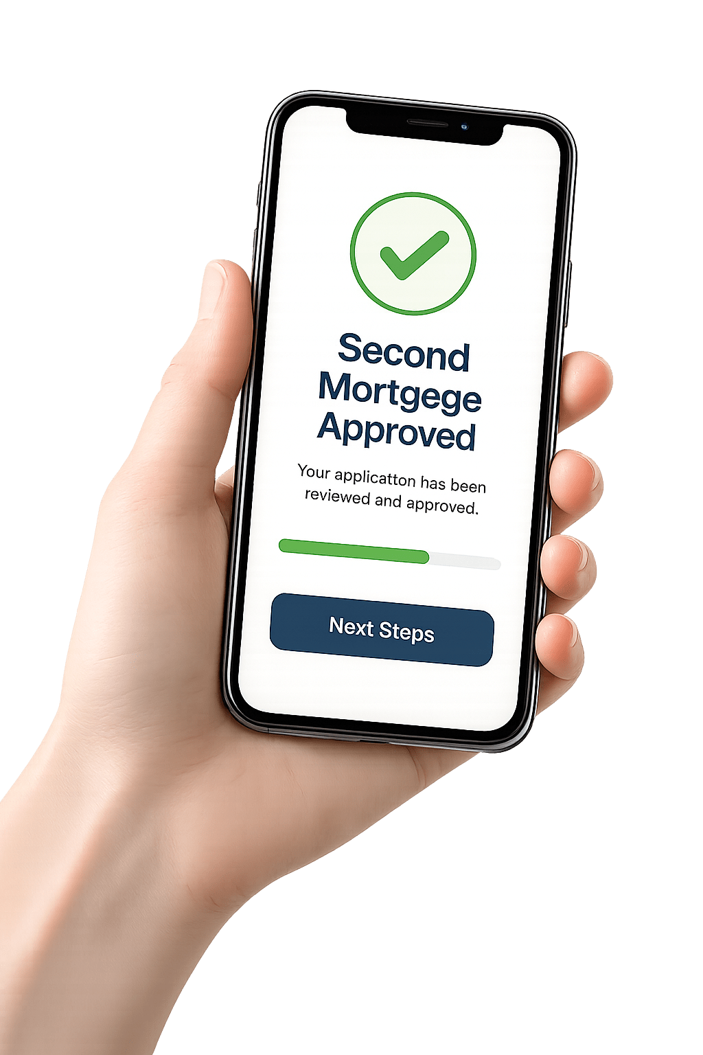Hand holding a smartphone showing a second mortgage approved with a progress bar