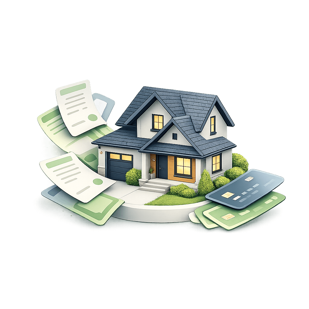 3D illustration of bills merging into a house representing debt consolidation with a second mortgage