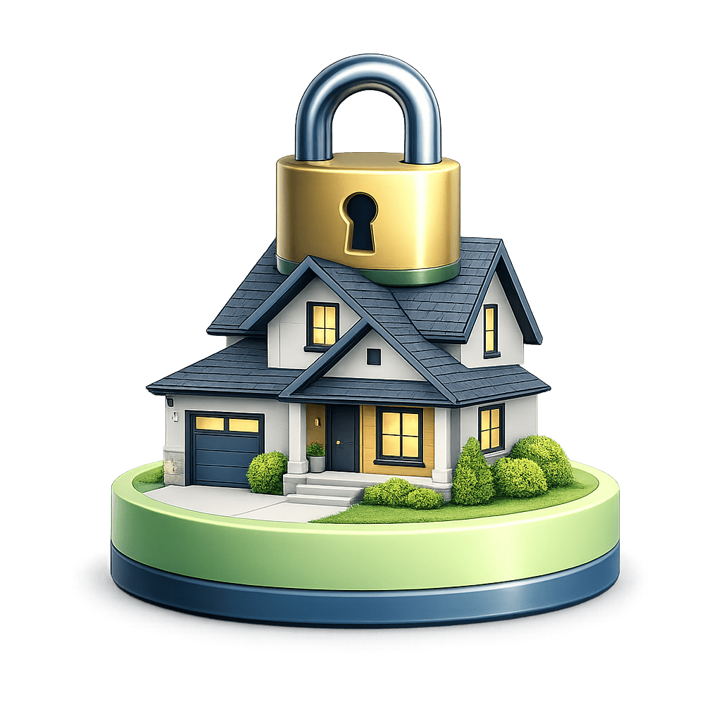 3D illustration of a house with a padlock representing keeping an existing first mortgage in place